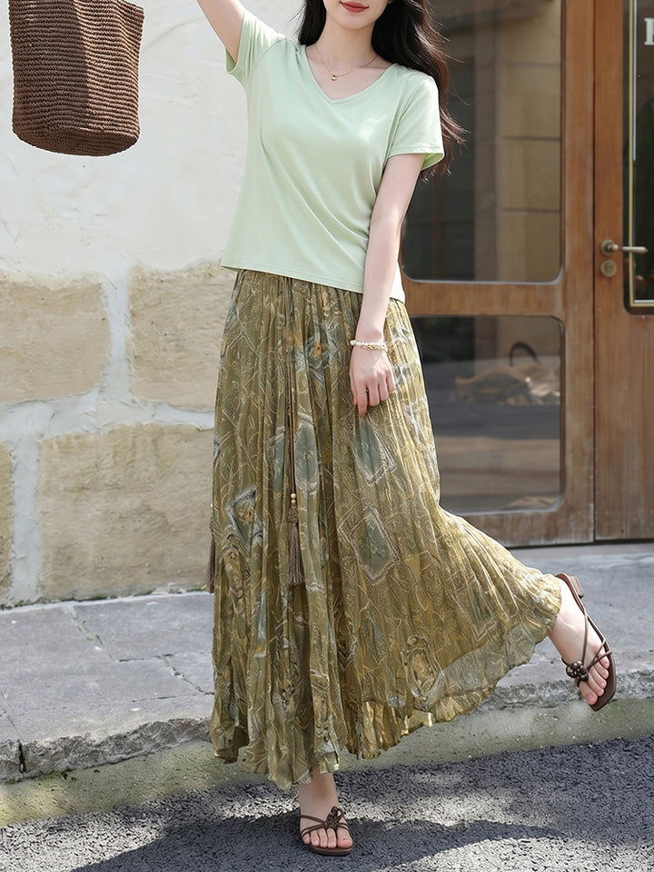 Damen nan fein gefalteter Midirock mit Vintage Blumenprint und elastischem Taillenbund Drune