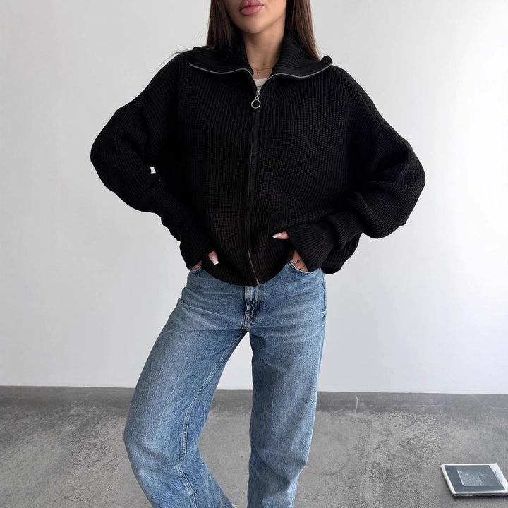Damen Grobstrick-Zipper-Cardigan mit Ballonärmeln und Stehkragen Drune