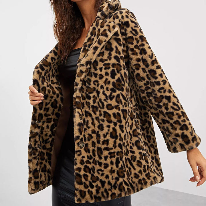 Damen Modischer Teddy-Mantel mit Leoprint und elegantem Schnitt Drune