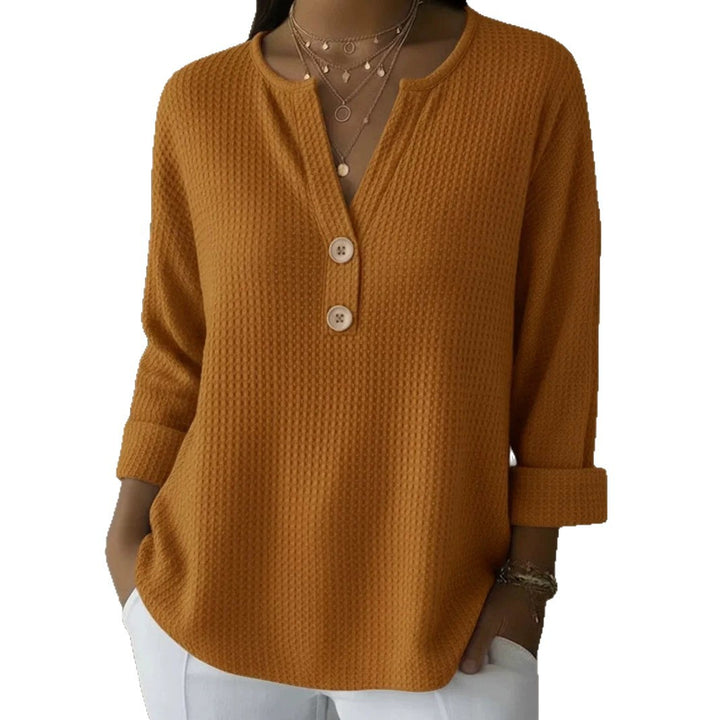 Damen nan Waffelstruktur Henley-Shirt mit V-Ausschnitt kurze Knopfleiste und krempelbaren 3/4-Ärmeln Drune