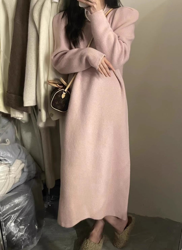 Damen elegantes Strickkleid mit Puffärmeln und Rundhalsausschnitt Drune