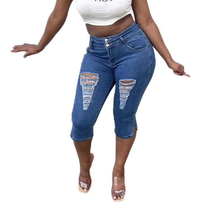 Damen Hochtaillierte, dreiviertellange Stretch-Jeans mit Destroyed-Einsätzen und seitlichem Saumschlitz Drune