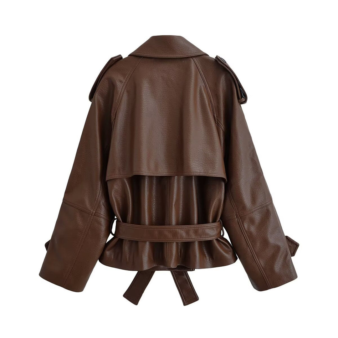 Damen Kurz geschnittener Kunstleder-Trenchcoat mit Bindegürtel und doppelreihiger Knopfleiste Drune