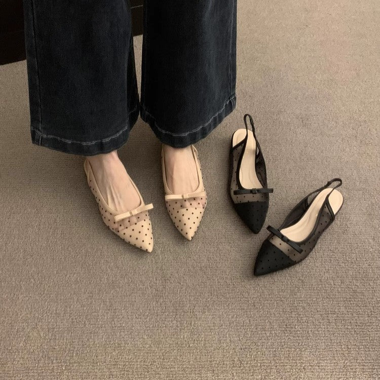 Damen Spitz zulaufende Slingback-Ballerinas mit gepunktetem Mesh und Zierschleife Drune