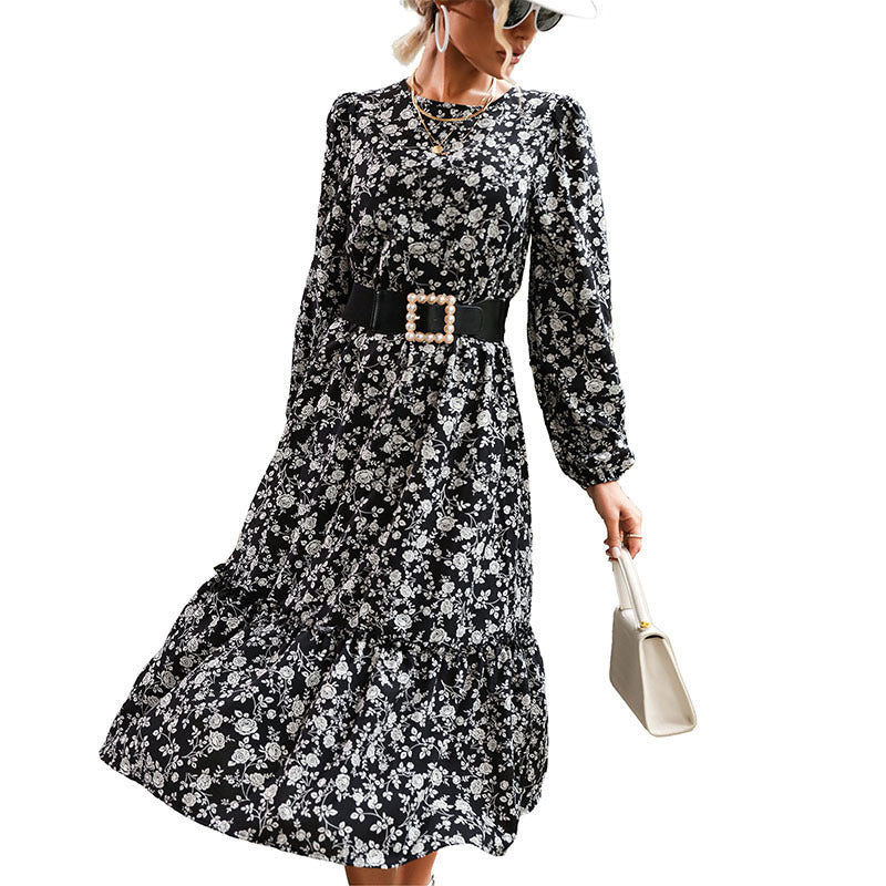 Damen Midikleid mit taillierter Silhouette, Perlen-Schnallen-Gürtel und Stufenrock Drune
