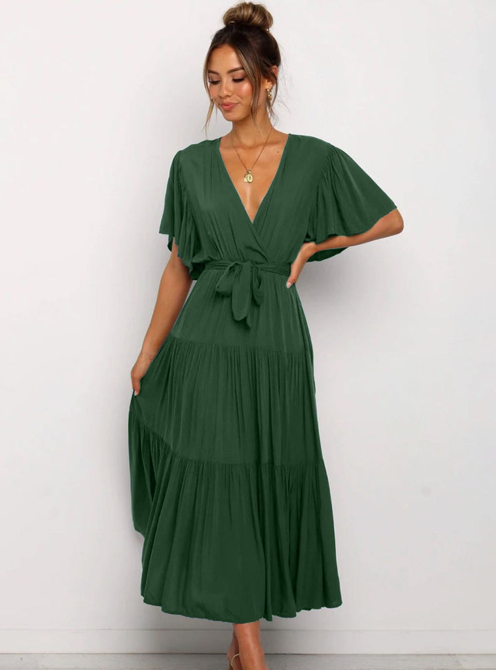 Damen Fließendes Maxi-Kleid mit Wickelbindung und Schmetterlingsärmeln Drune