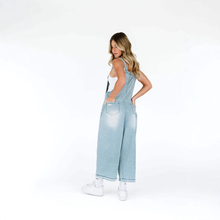 Damen nan lässige verwaschene Latzhose aus Jeansstoff mit Rissen und weitem Bein Drune