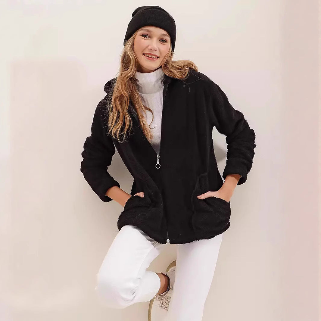 Damen kuschelige Fleecejacke mit Kapuze und Doppelreißverschluss Drune