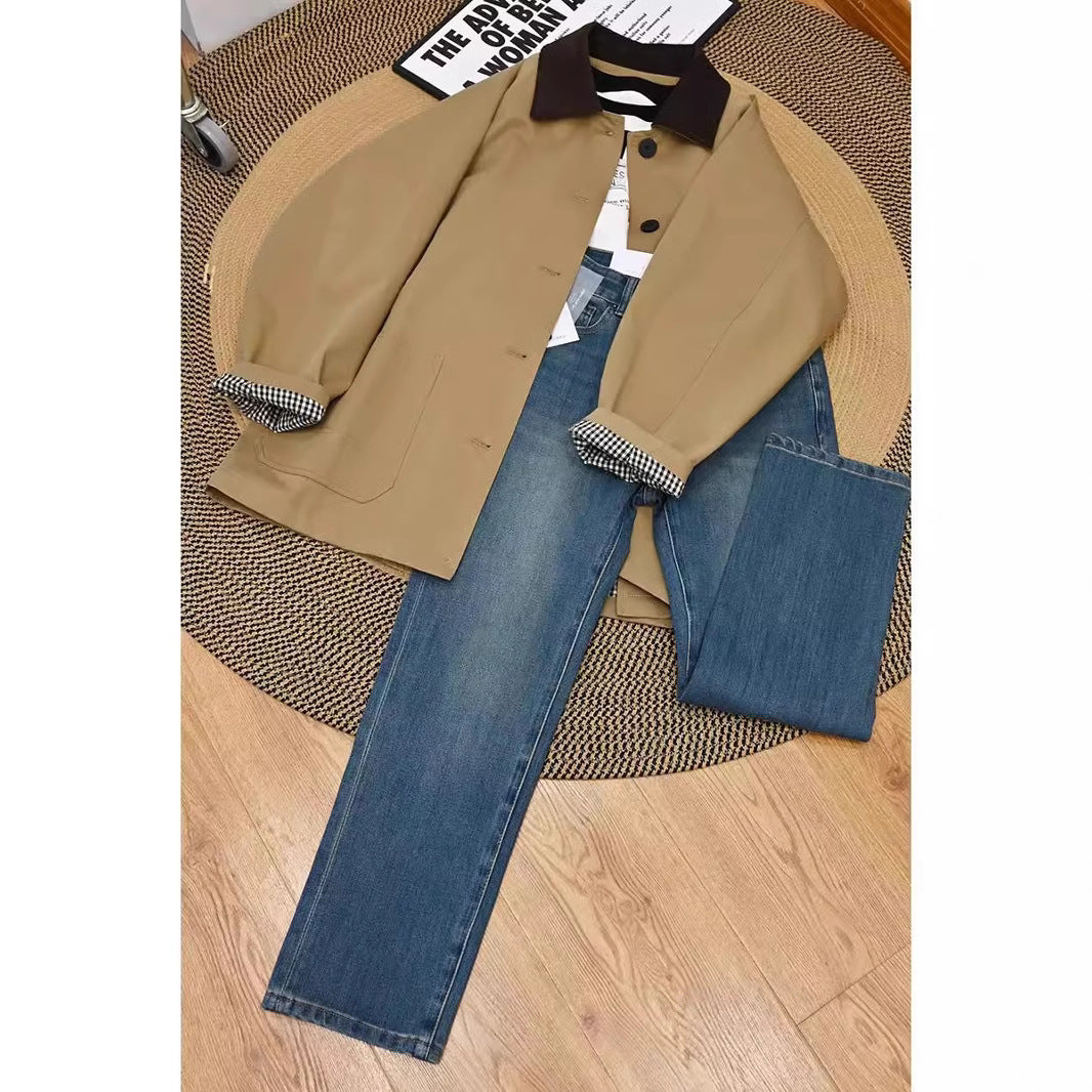 Damen Lässige Oversized-Jacke mit Kontrastkragen Drune