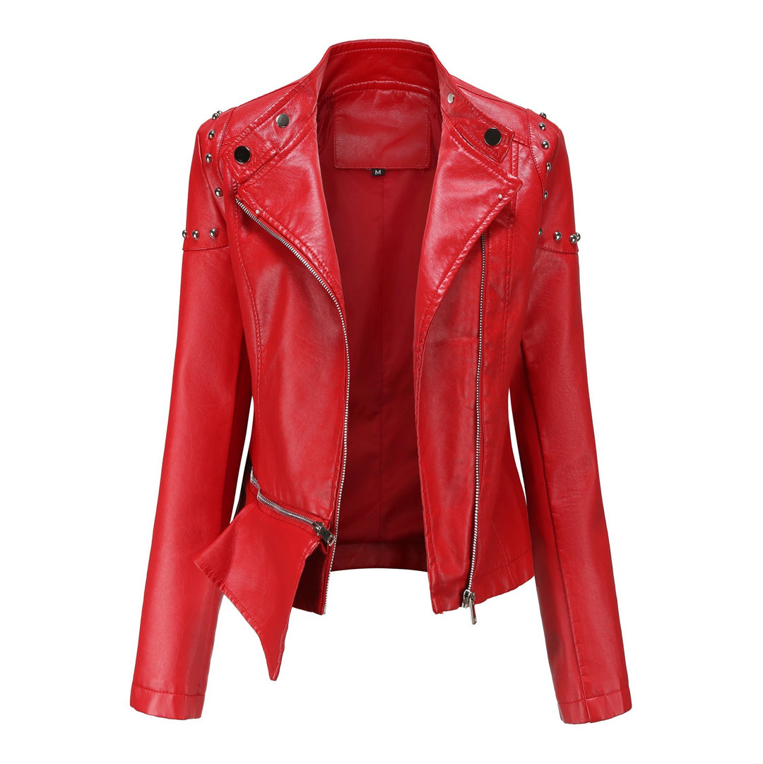 Damen nan asymmetrische Kunstleder-Bikerjacke mit Nietenapplikation und tailliertem Schößchen Drune