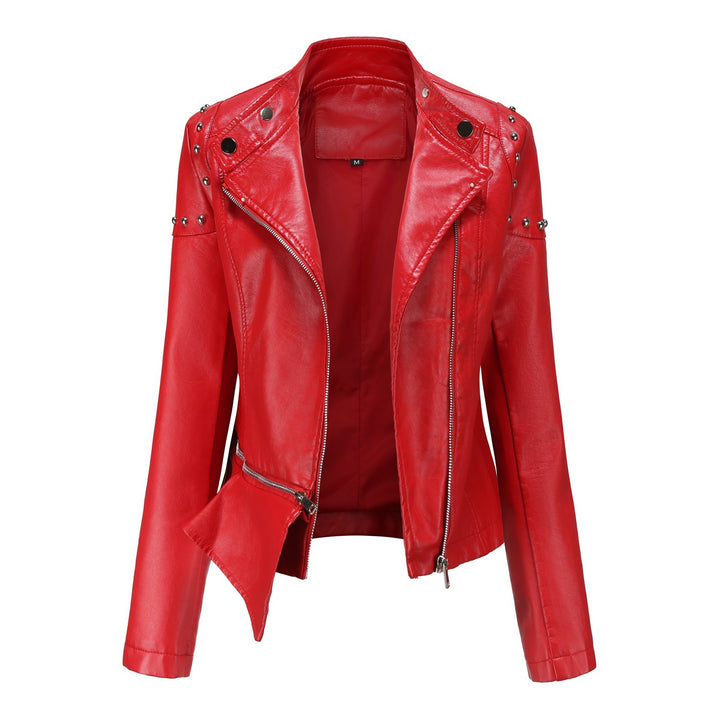 Damen nan asymmetrische Kunstleder-Bikerjacke mit Nietenapplikation und tailliertem Schößchen Drune