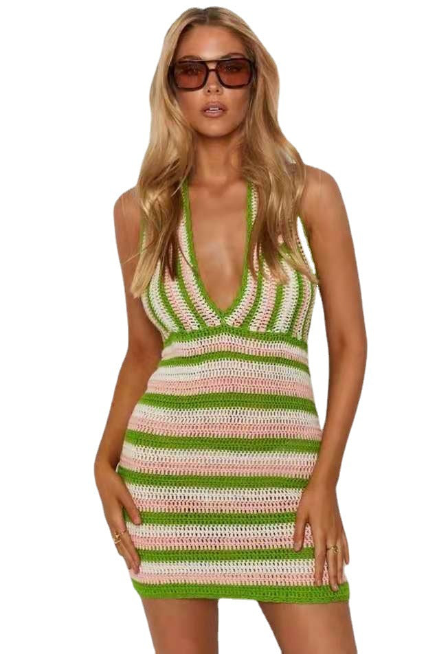 Damen gehäkeltes Minikleid mit tiefem V-Ausschnitt und gestreiftem Design Drune