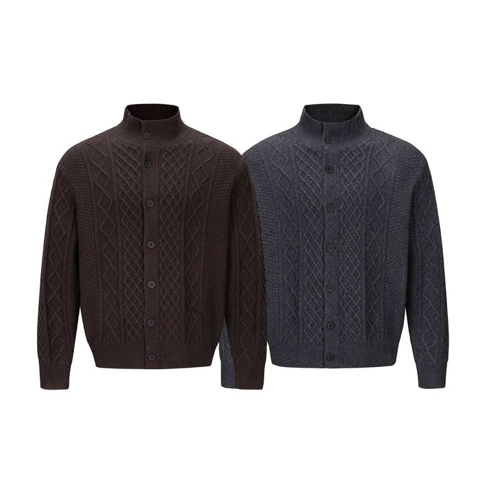 Herren Strickcardigan mit Zopfmuster, Stehkragen und knöpfbarer Front Drune