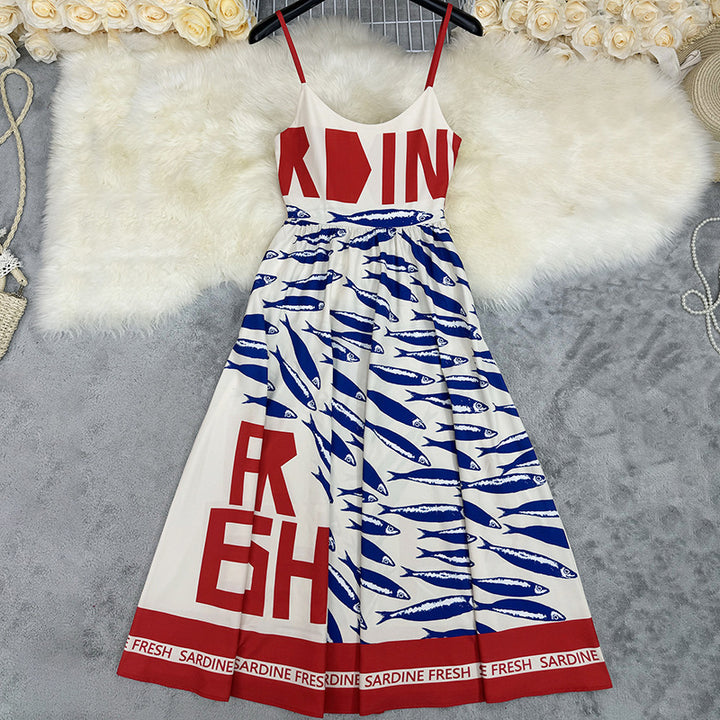Damen Midi-Kleid mit auffälligem Grafikdruck und schwingendem Rock Drune