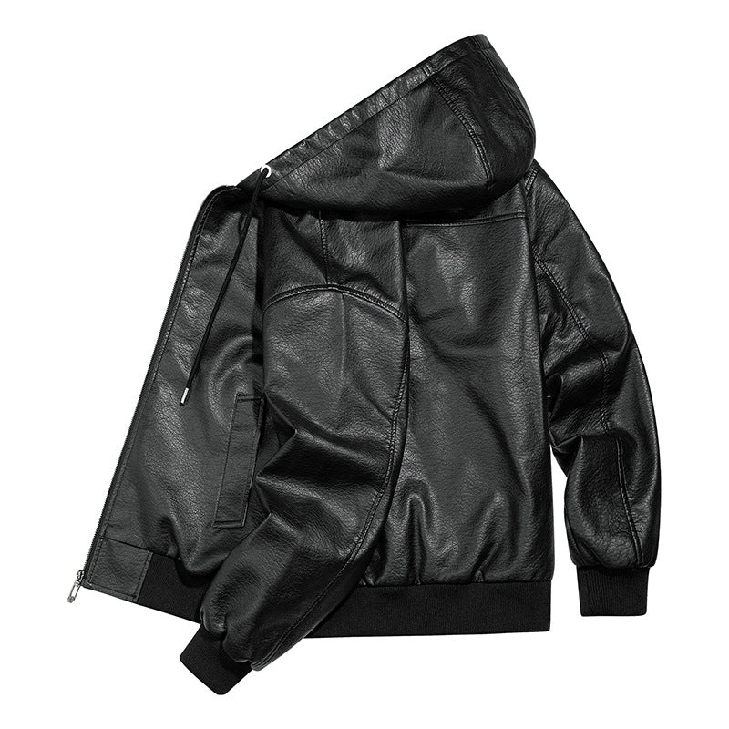 Herren Lässige Lederjacke mit Kapuze Drune