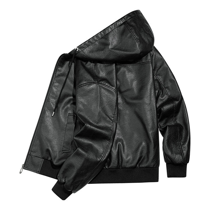Herren Lässige Lederjacke mit Kapuze Drune