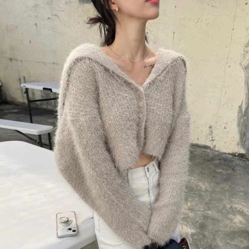 Damen Kurzstrickjacke mit weichem, luftigem Material und Kapuze Drune