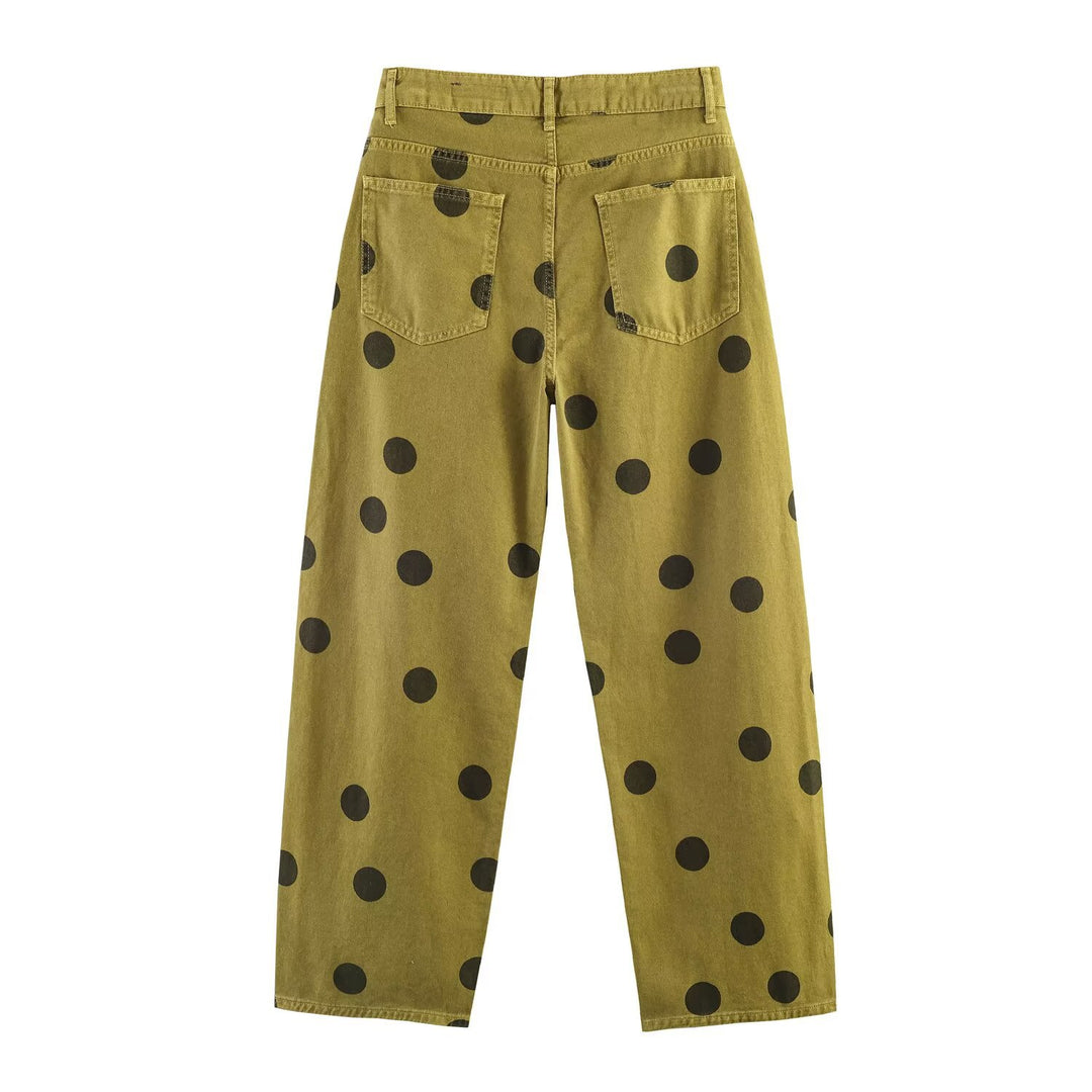 Damen Locker geschnittene High-Waist Geradehose mit großen Polka-Dots Drune