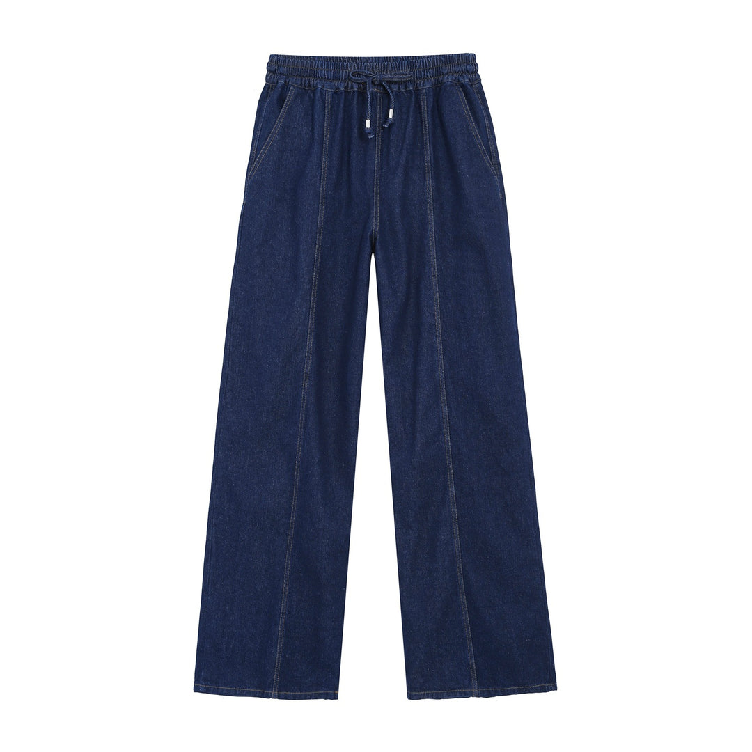 Damen Weite High‑Waist Jeanshose mit elastischem Bund, Tunnelzug und sichtbarer Bügelfalte Drune