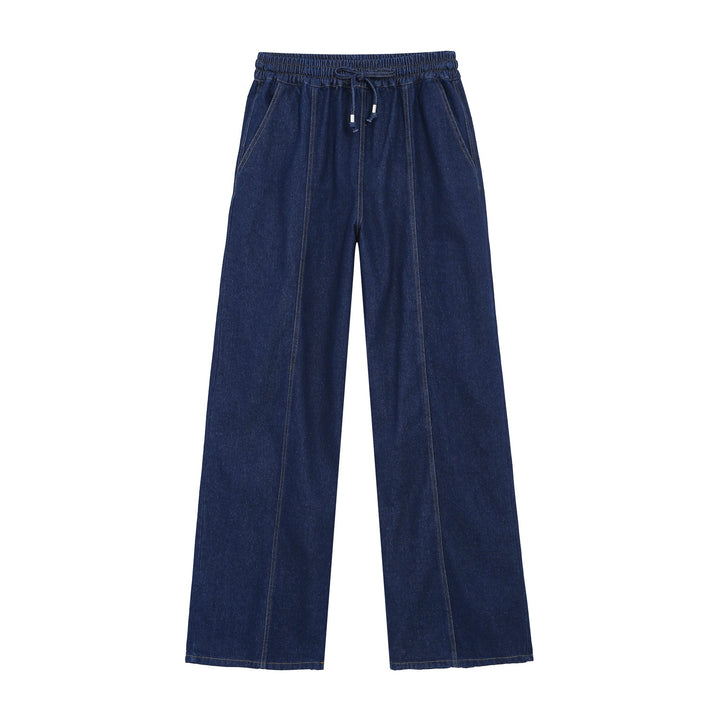 Damen Weite High‑Waist Jeanshose mit elastischem Bund, Tunnelzug und sichtbarer Bügelfalte Drune