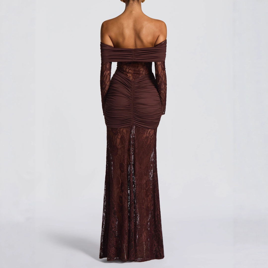 Damen Elegantes Spitzen-Maxikleid mit elegantem Off-Shoulder Design und Raffungen Drune