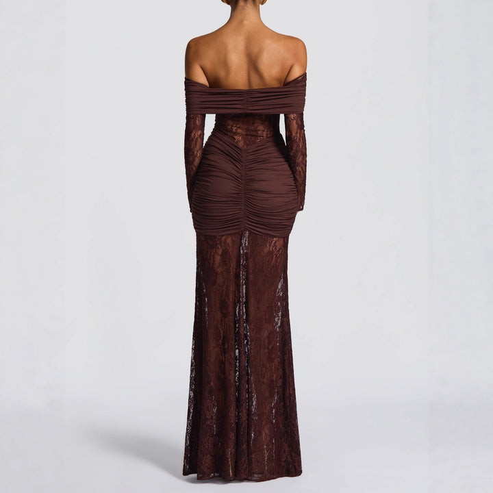 Damen Elegantes Spitzen-Maxikleid mit elegantem Off-Shoulder Design und Raffungen Drune