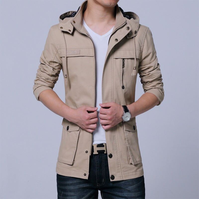 Herren Urbane Baumwollmix Kapuzenjacke mit Cargo- und Reißverschlusstaschen Drune