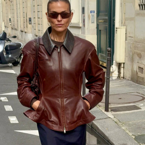 Damen Lederjacke mit tailliertem Schößchen, Reißverschluss & großem Hemdkragen Drune