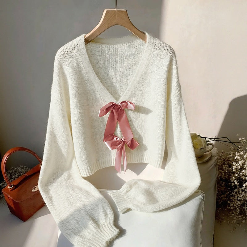 Damen Cropped Strickpullover mit Schleifen Drune