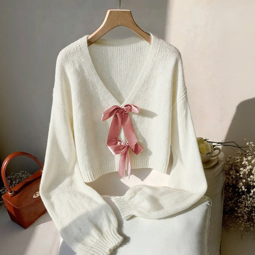 Damen Cropped Strickpullover mit Schleifen Drune