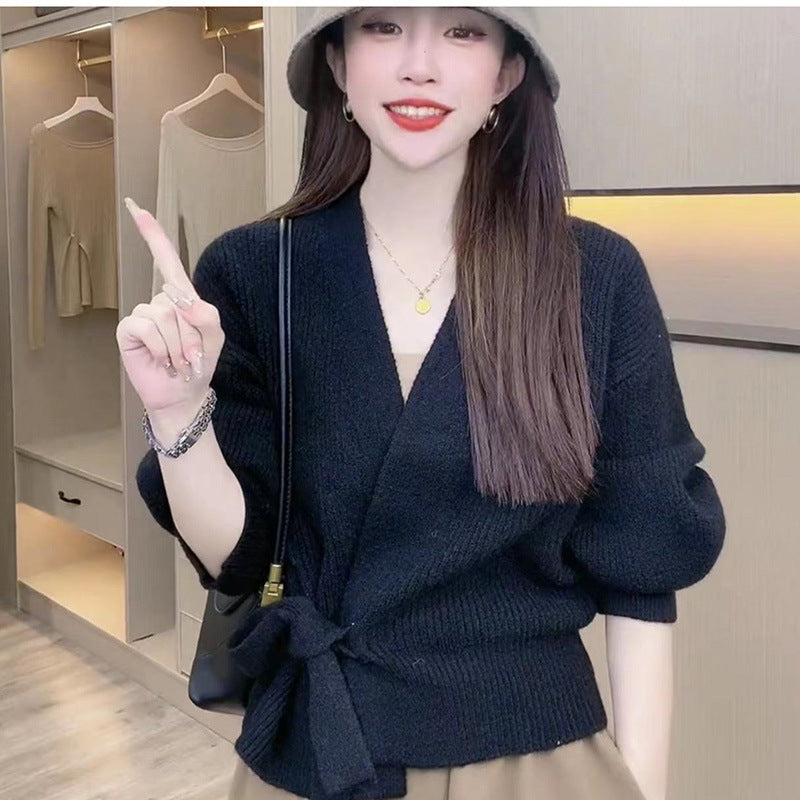 Damen elegante Wickelstrickjacke mit tiefem V-Ausschnitt und modischem Gürtel Drune