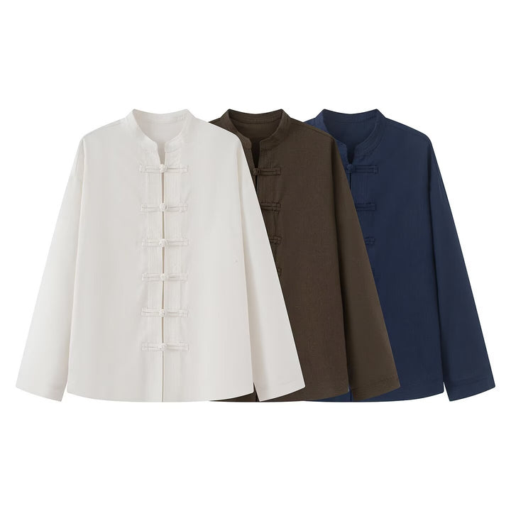 Damen Lockerer Leinen‑Mix Blouson mit Stehkragen und Knotenverschlüssen Drune