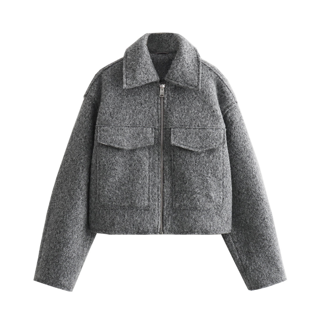 Damen Kurze Bouclé‑Jacke im Boxy‑Cut mit Reißverschluss und Pattentaschen Drune