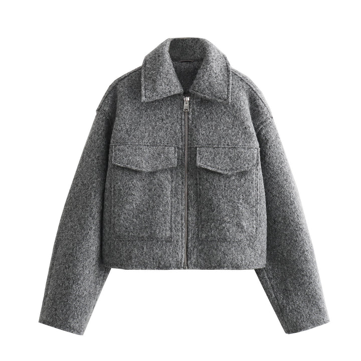 Damen Kurze Bouclé‑Jacke im Boxy‑Cut mit Reißverschluss und Pattentaschen Drune