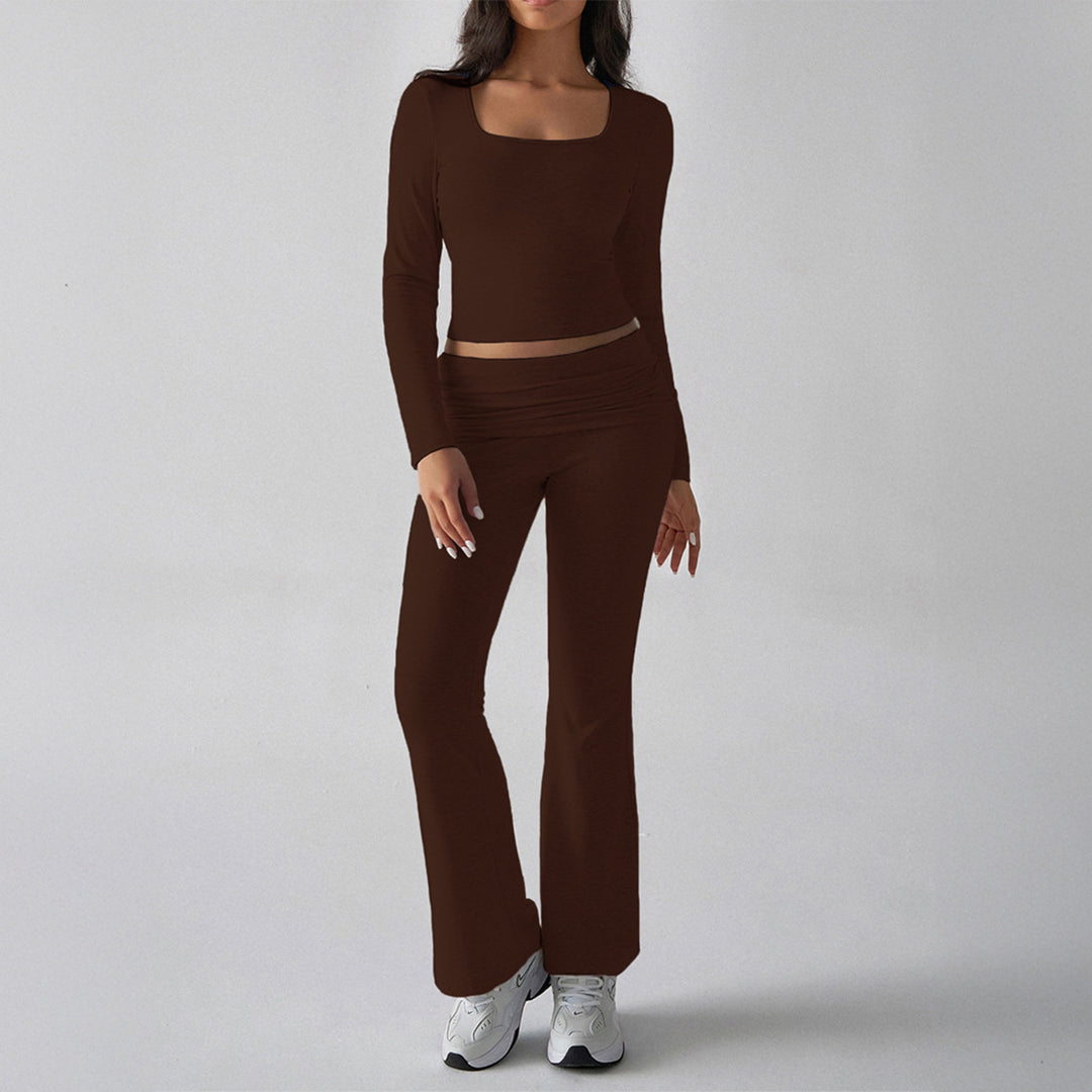 Damen nan figurbetontes Cropped-Set mit langärmeligem Top mit quadratischem Ausschnitt und ausgestellter High‑Waist Yoga-Hose Drune