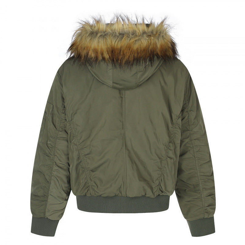 Damen Gefütterte Bomberjacke mit Kapuze und Kunstfellkragen Wattierte Winterjacke Drune