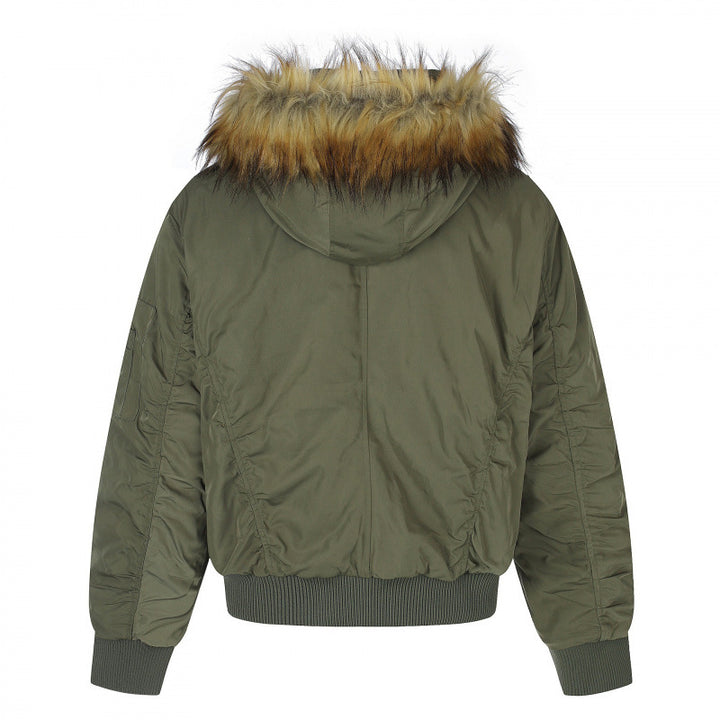 Damen Gefütterte Bomberjacke mit Kapuze und Kunstfellkragen Wattierte Winterjacke Drune