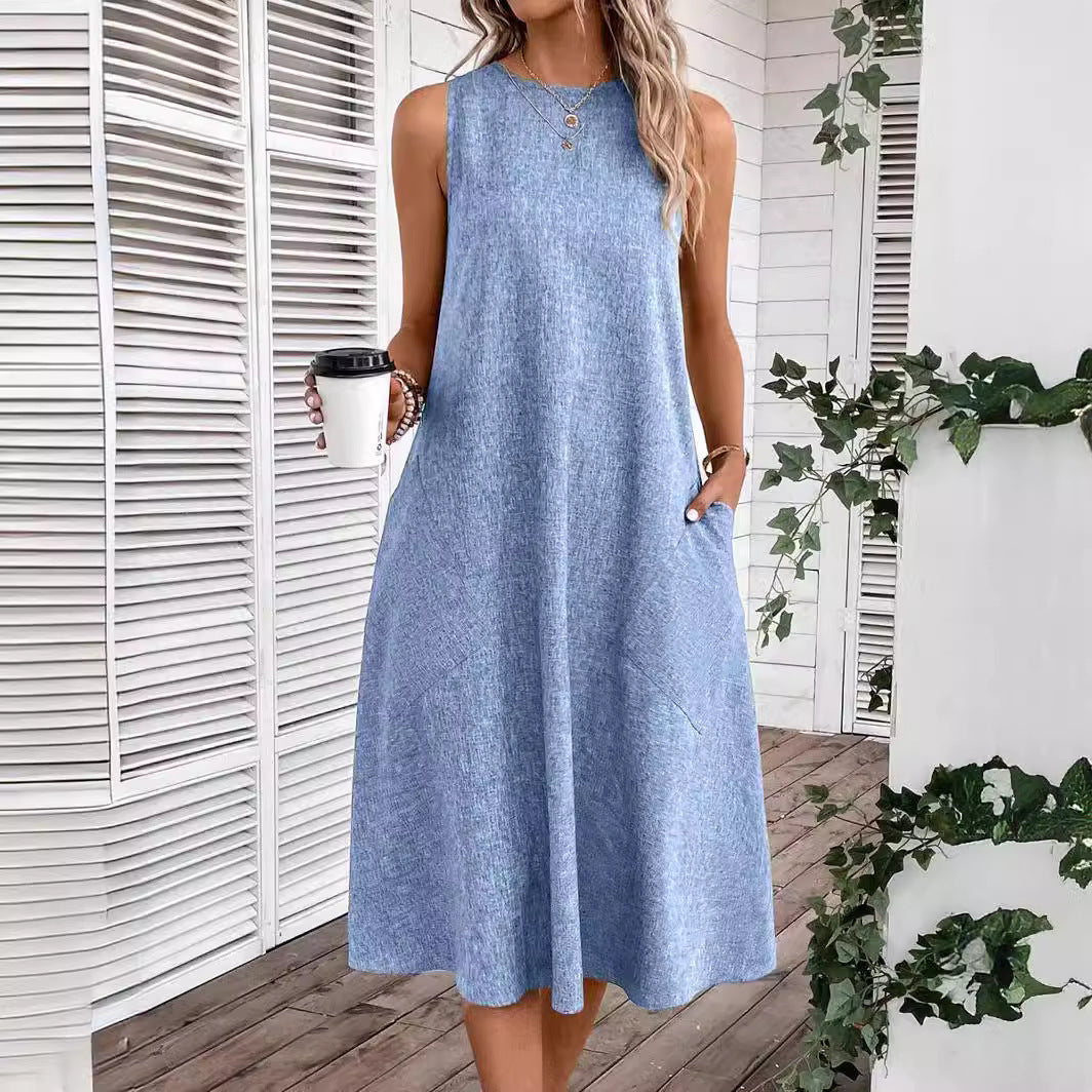 Damen lässiges Midi-Kleid mit tiefem Ausschnitt und praktischen Taschen Drune