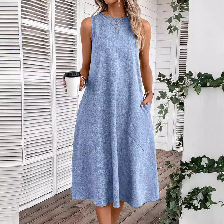 Damen lässiges Midi-Kleid mit tiefem Ausschnitt und praktischen Taschen Drune