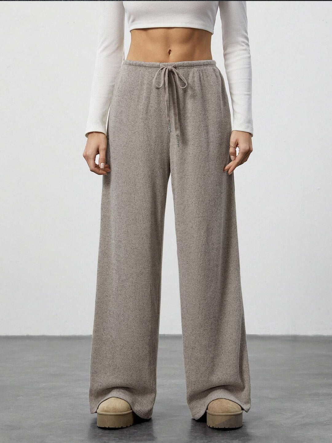 Damen Weiche Rippstrick Loungehose mit weitem Bein und Kordelzug Drune