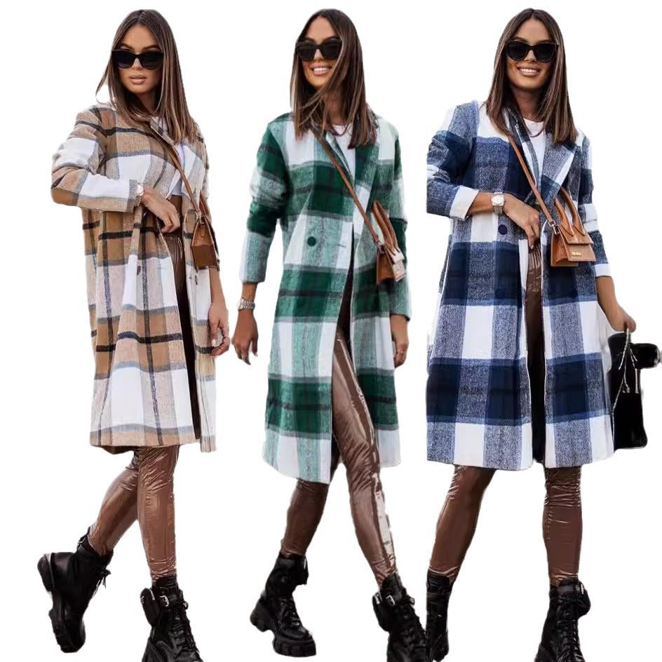 Damen Langer Wollmantel mit kariertem Muster und taillierbarem Gürtel Drune