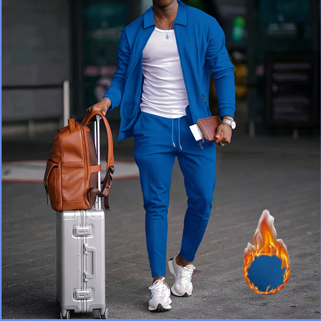 Herren nan zweiteiliges Reise-Loungewear-Set mit strukturierter Jacke, Reißverschluss und konischer Jogginghose Drune