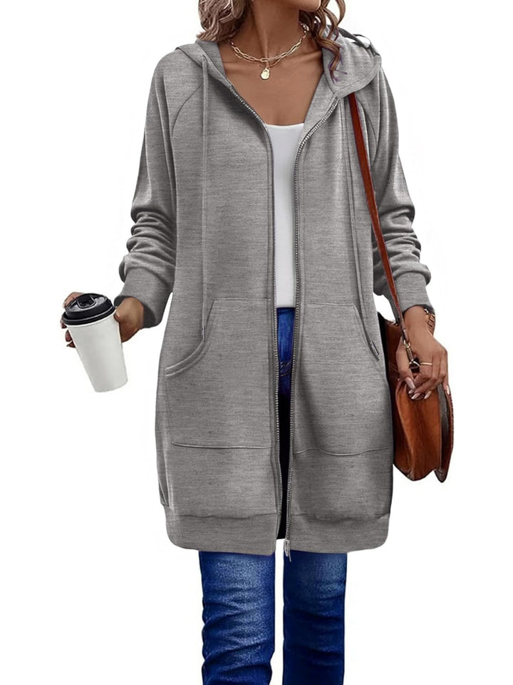 Damen Langer Zip‑Hoodie mit Oversize‑Silhouette, Kängurutaschen und Rippbündchen Drune