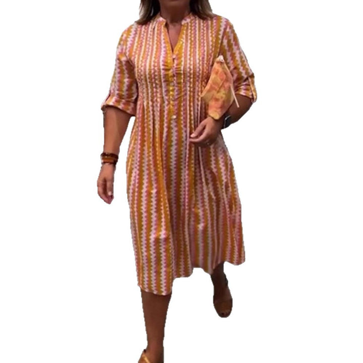 Damen nan Midikleid mit Unterbrustnaht, V-Ausschnitt, Knopfleiste und krempelbaren dreiviertelärmeln Drune
