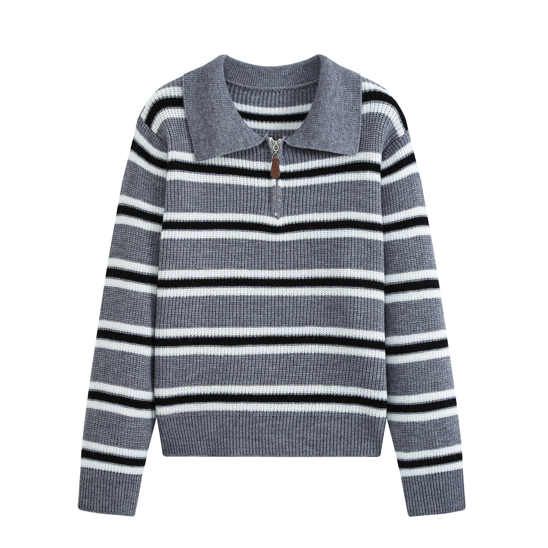 Damen Gestreifter Troyer-Pullover mit Reißverschluss und Polokragen Drune
