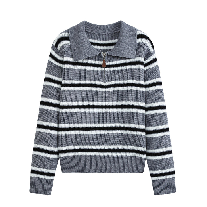 Damen Gestreifter Troyer-Pullover mit Reißverschluss und Polokragen Drune