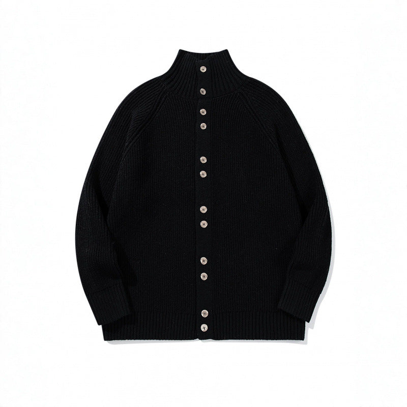Herren grobgestrickter Knopfcardigan mit hohem Rollkragen und Raglanärmeln Drune