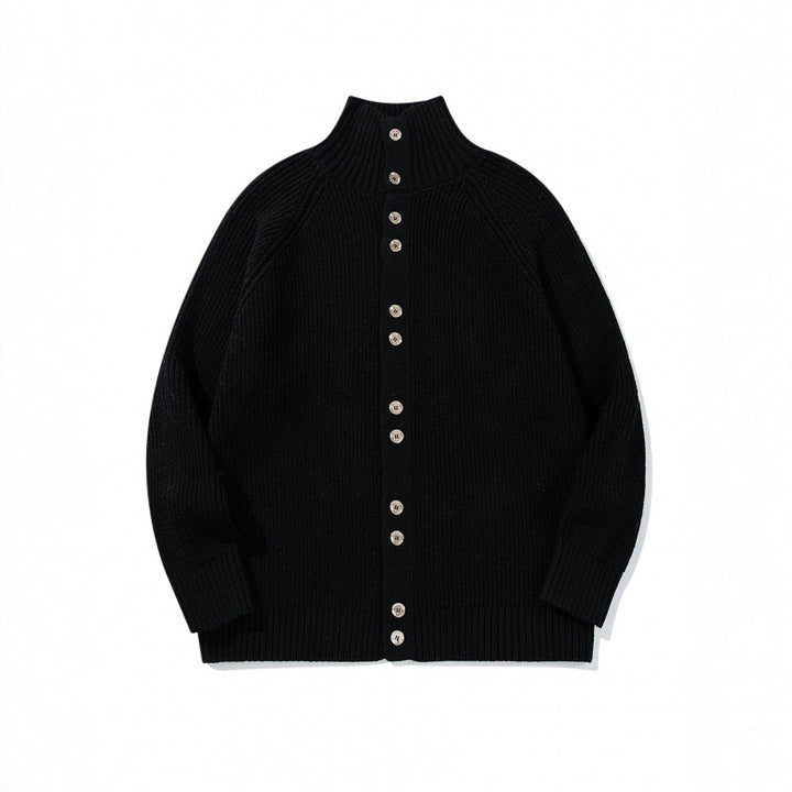 Herren grobgestrickter Knopfcardigan mit hohem Rollkragen und Raglanärmeln Drune