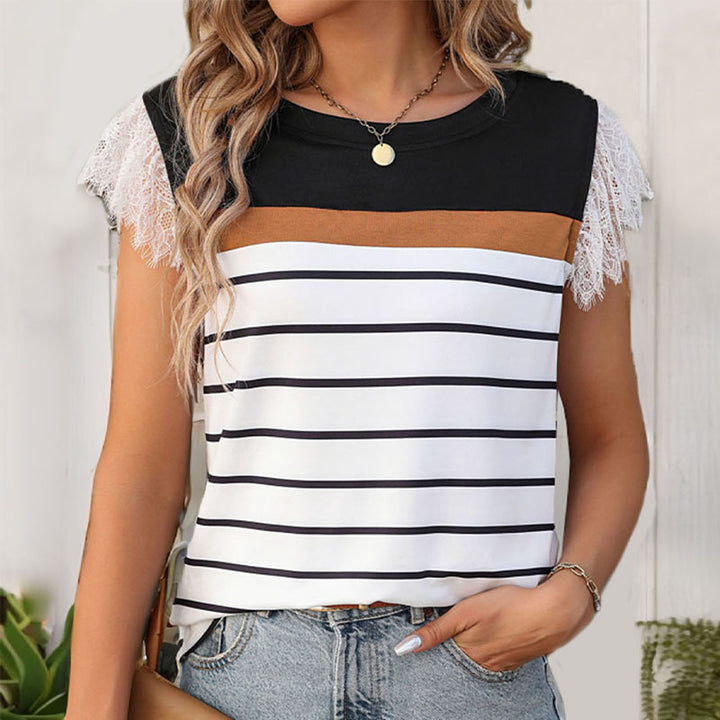 Damen T-Shirt mit Spitzenärmeln und gestreiftem Muster Drune