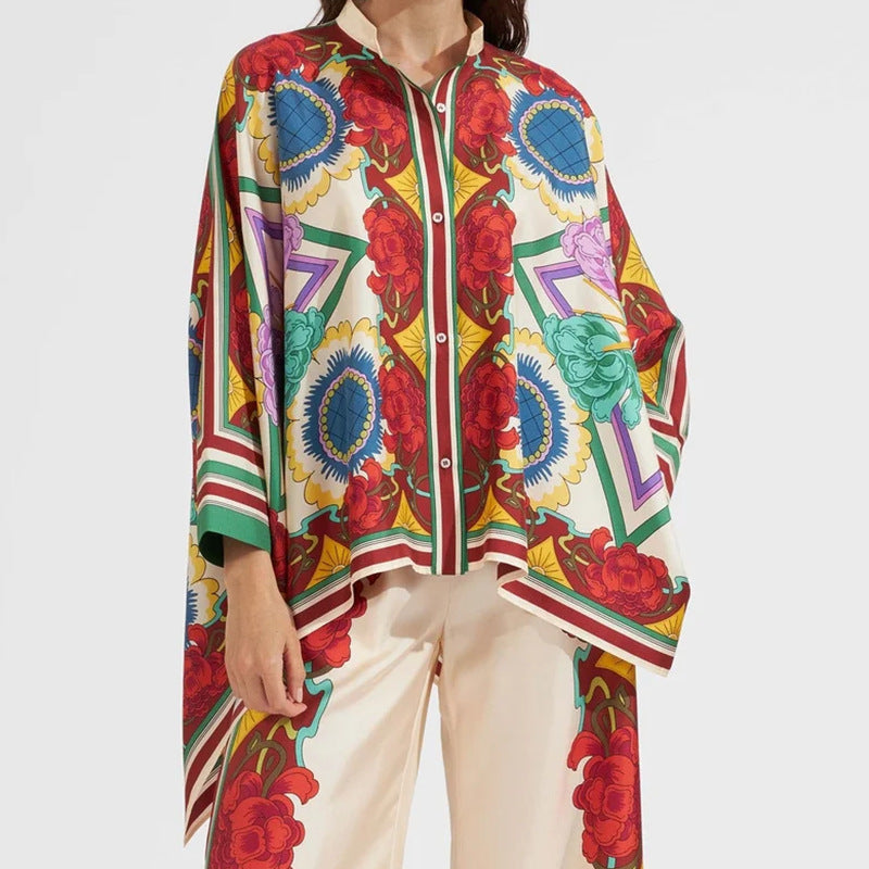 Damen Florales Kaftan-Oberteil mit Knopfdetail Drune
